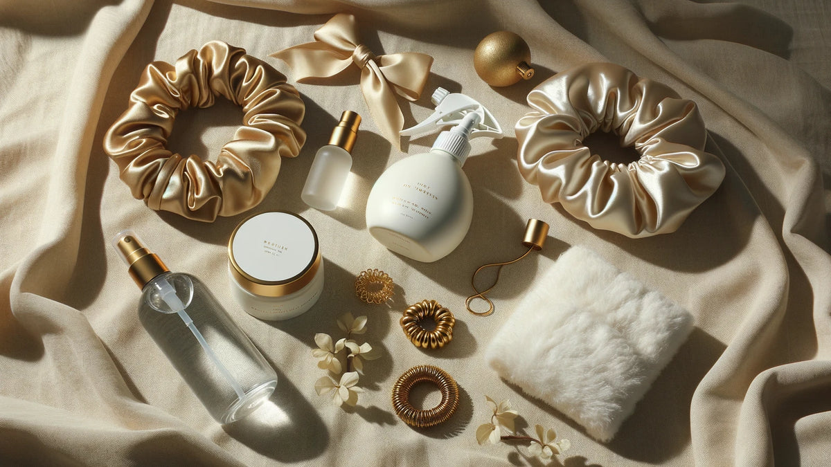Nighttime curly hair routine essentials — satin bonnet, scrunchie, and curl cream