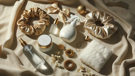 Nighttime curly hair routine essentials — satin bonnet, scrunchie, and curl cream