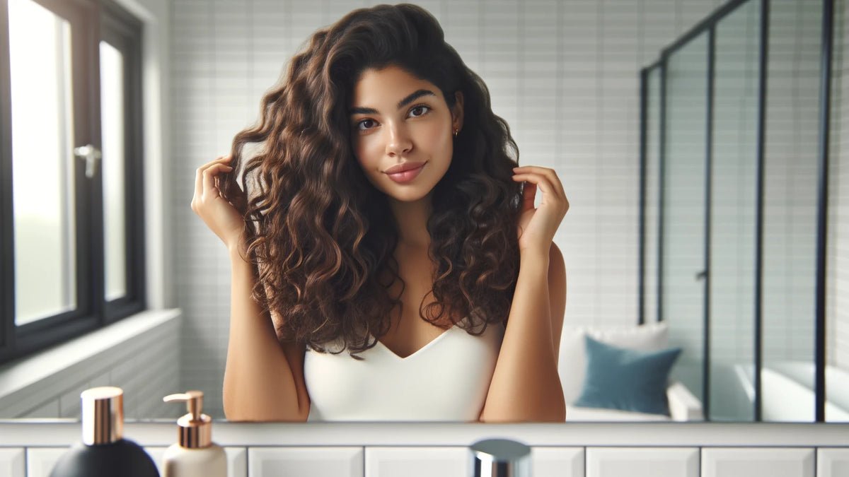 Woman gently examining hair health in mirror — calm and empowered