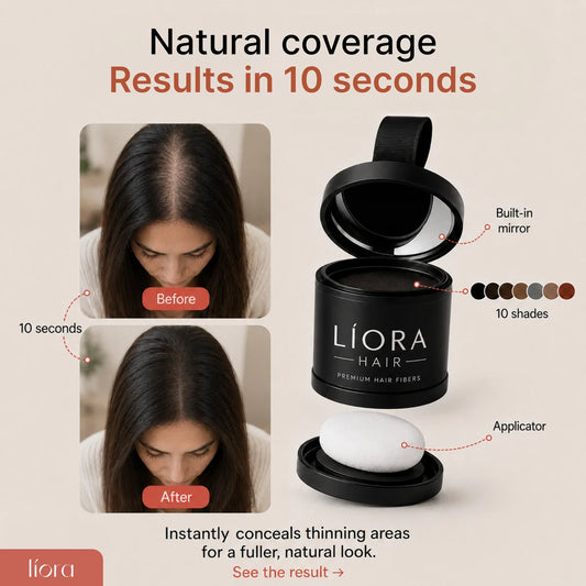 Líora Hair root touch-up powder — before and after natural coverage