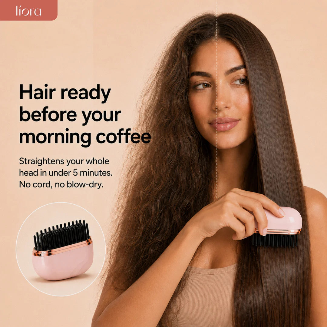 Líora Flat Control — model straightening hair, frizzy vs smooth before and after