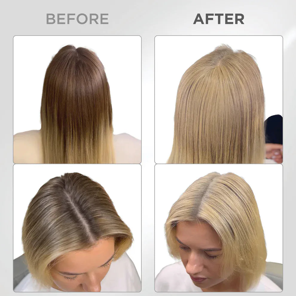 Líora Hair — before and after, parting volume on light blonde hair