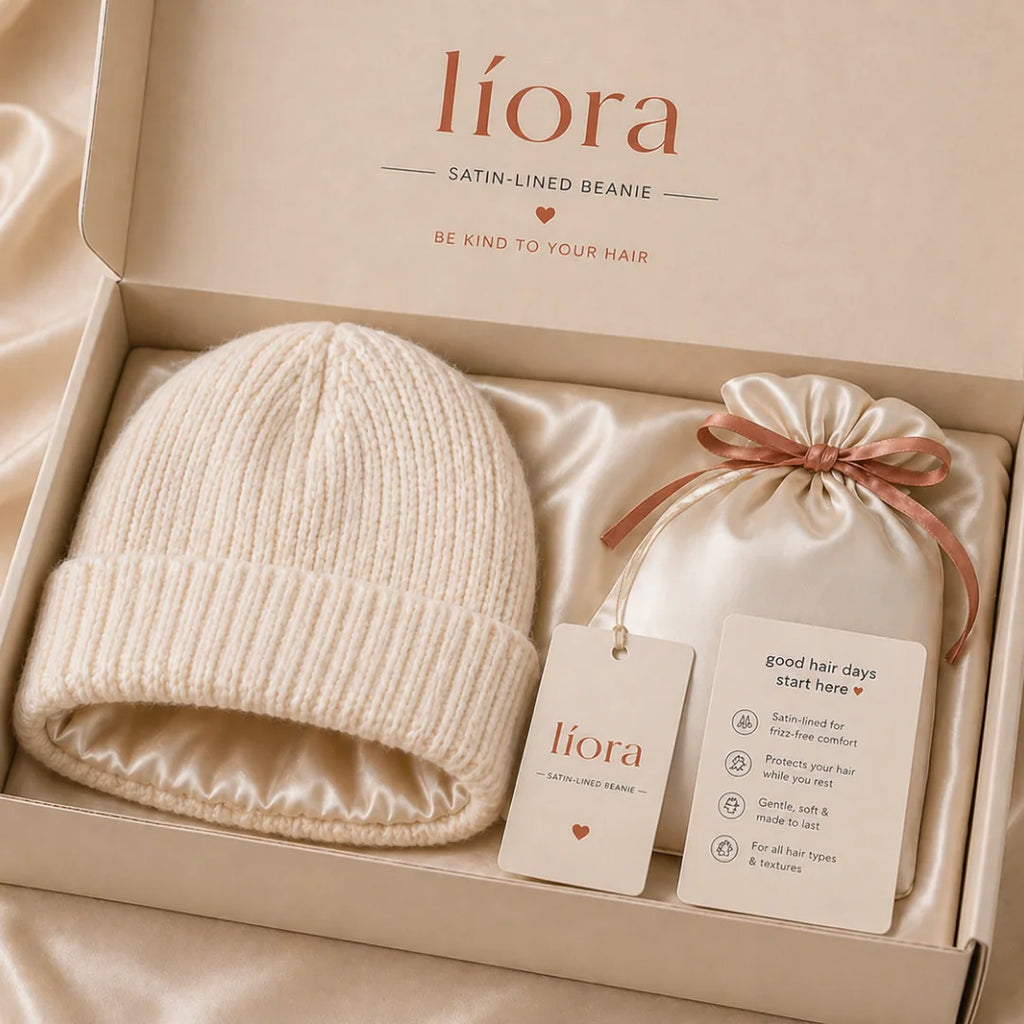 Líora Satin Silk Beanie — gift box packaging