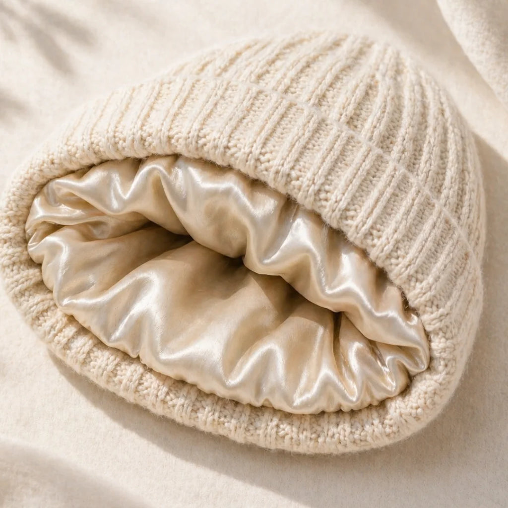 Líora Satin Silk Beanie — satin interior lining closeup