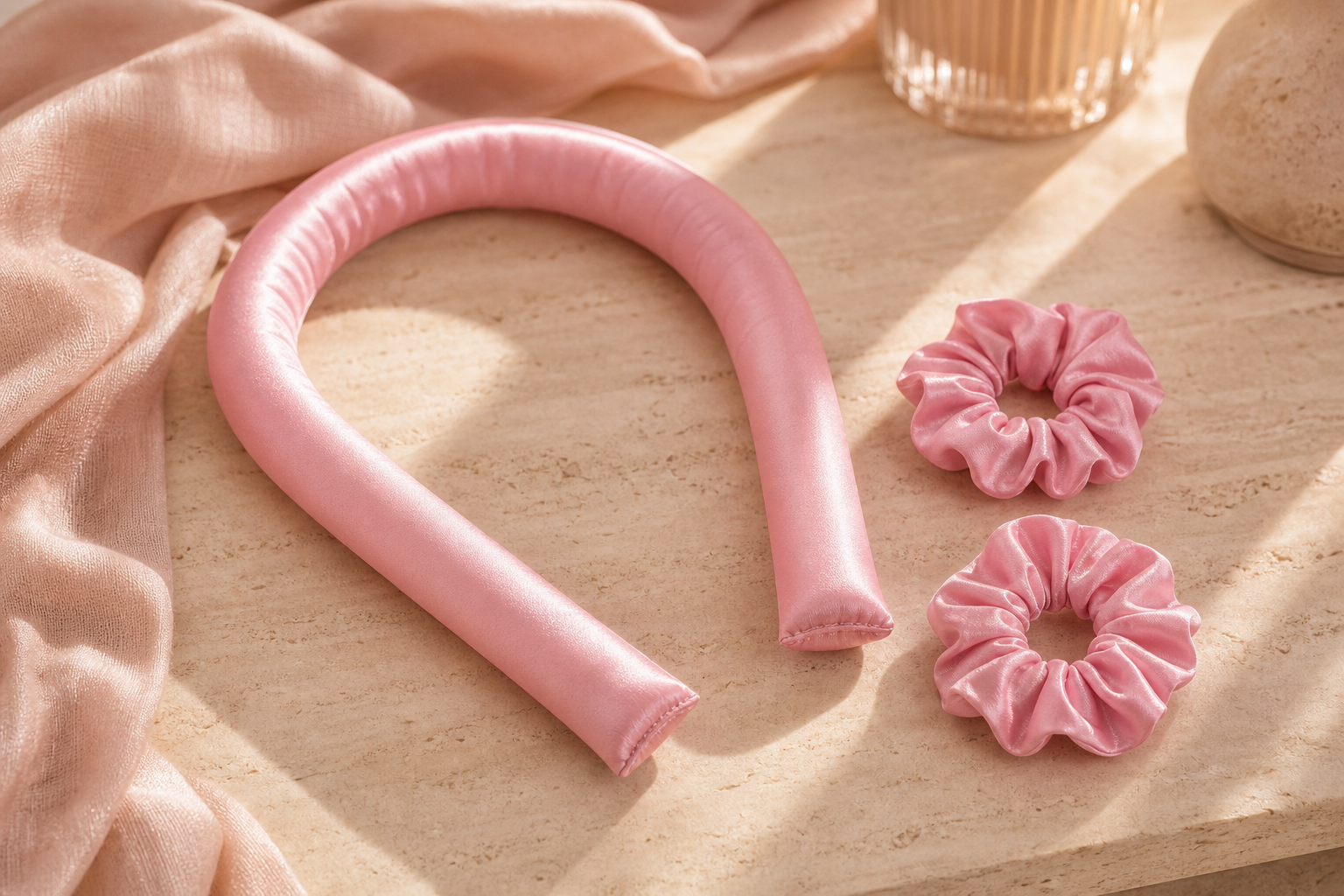 Pink satin heatless curl rod with two matching scrunchies